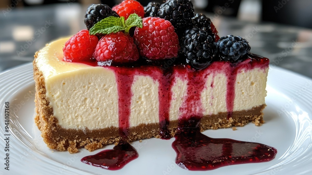 A classic cheesecake with a graham cracker crust, topped with fresh berries and a drizzle of berry sauce. A classic cheesecake with a graham cracker crust, topped with fresh berries and a drizzle of berry sauce.