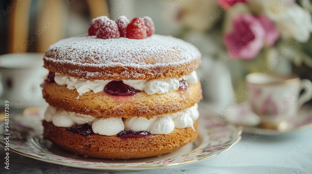 A classic Victoria sponge cake filled with jam and cream, dusted with powdered sugar, and served on a vintage plate.