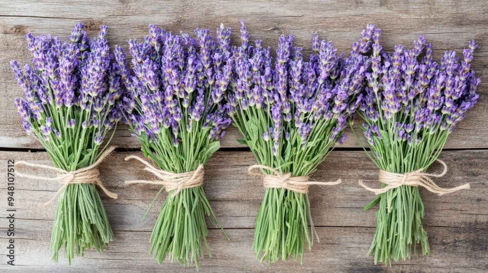 Freshly picked lavender bundles tied with twine, arranged neatly on a rustic wooden table Freshly picked lavender bundles tied with twine, arranged neatly on a rustic wooden table