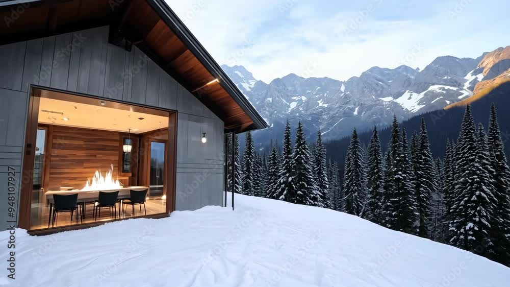 Cozy winter cabin retreat surrounded by snow-covered mountains in the heart of nature Cozy winter cabin retreat surrounded by snow-covered mountains in the heart of nature