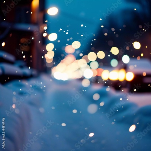 Winter twinkling lights, capturing spirit of Christmas and New Year as snow gently falls, creating a magical bokeh effect that transforms the urban landscape into a festive wonderland. Generative AI