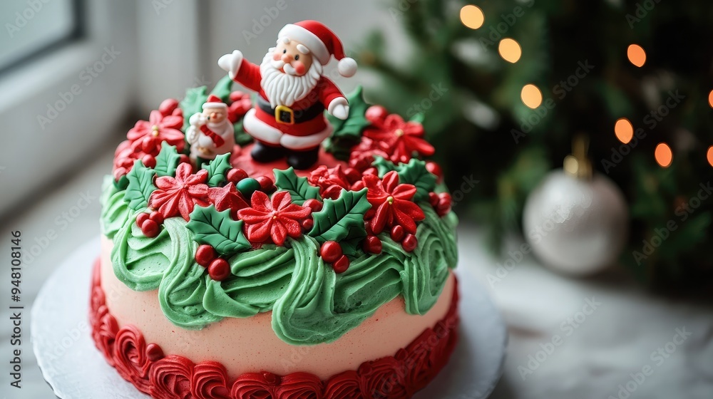 A festive Christmas cake decorated with red and green icing, holly leaves, and a small Santa figurine.