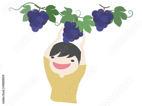 紫色のぶどう狩りをする子供