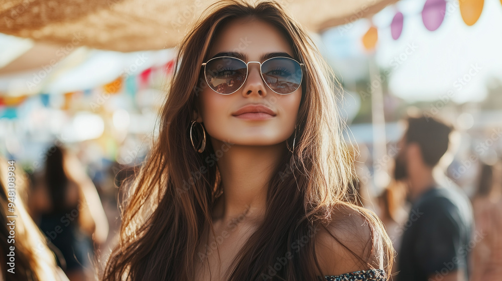 A chic young woman with long hair and a trendy outfit, standing confidently under a shaded area with festival decorations and energetic festival crowds in the background. Ai generated A chic young woman with long hair and a trendy outfit, standing confidently under a shaded area with festival decorations and energetic festival crowds in the background. Ai generated