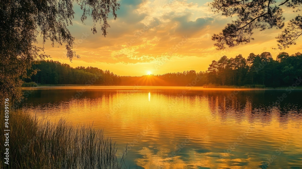 Fototapeta premium Scenic shot of a yellow sunset over a calm lake, with the sky and water reflecting golden hues