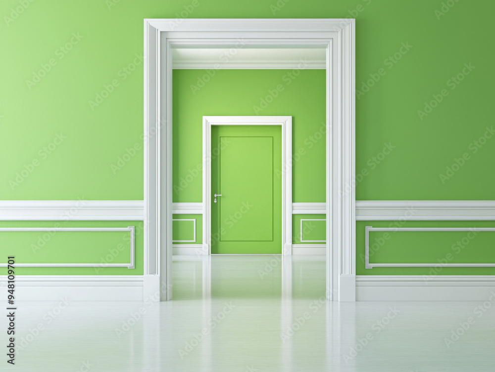 Fototapeta premium A green room with a white door and white trim