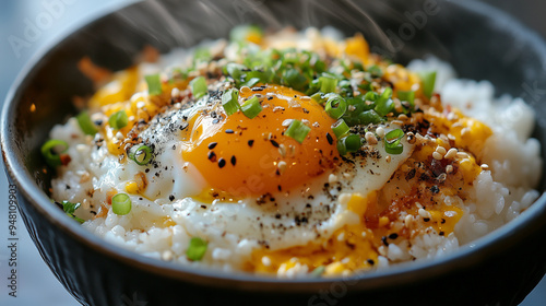 A steaming hot bowl of traditional Japanese tamago kake gohan, with a perfectly cracked egg yolk over a bed of white rice, garnished with chopped green onions, soy sauce, and a sprinkle of furikake photo