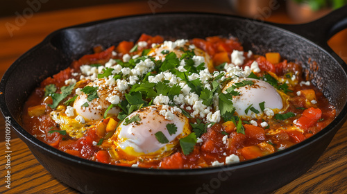 A vibrant plate of shakshuka with poached eggs nestled in a rich tomato and bell pepper sauce, topped with crumbled feta cheese and fresh cilantro, served in a cast-iron skillet on a wooden table