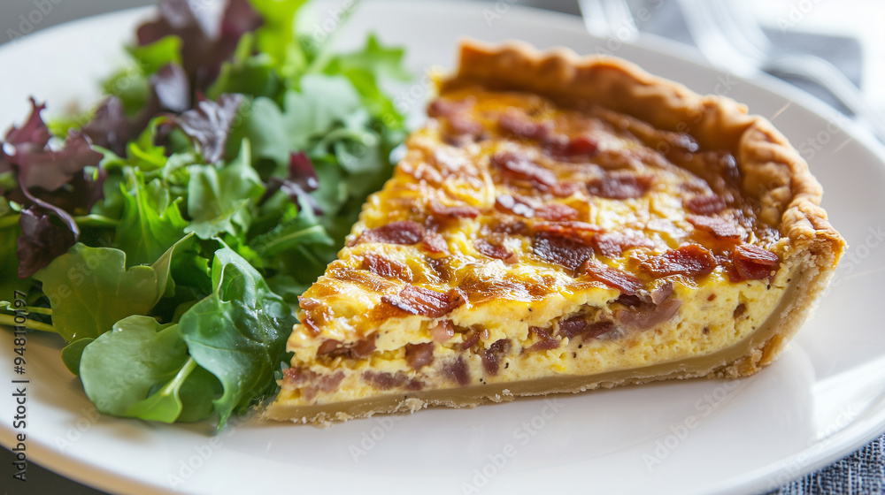 A classic French quiche Lorraine with a golden-brown crust, filled with a savory mixture of eggs, cream, crispy bacon, and sautéed onions, sliced and served on a white plate with a side of mixed A classic French quiche Lorraine with a golden-brown crust, filled with a savory mixture of eggs, cream, crispy bacon, and sautéed onions, sliced and served on a white plate with a side of mixed