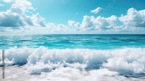 Vibrant blue ocean waves rolling under a clear sky, with white foam visible at the crest