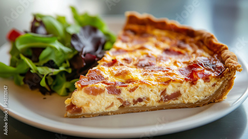 A classic French quiche Lorraine with a golden-brown crust, filled with a savory mixture of eggs, cream, crispy bacon, and sautÃ©ed onions, sliced and served on a white plate with a side of mixed photo