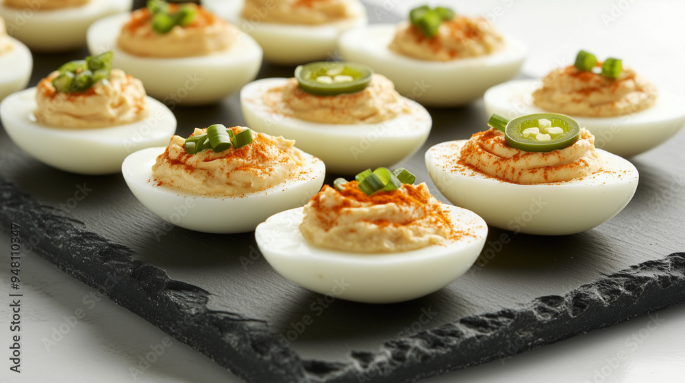 A creative take on a deviled eggs platter, featuring halved hard-boiled eggs filled with a smooth, seasoned yolk mixture, topped with paprika, chopped chives, and a small slice of pickled jalapeño, A creative take on a deviled eggs platter, featuring halved hard-boiled eggs filled with a smooth, seasoned yolk mixture, topped with paprika, chopped chives, and a small slice of pickled jalapeño,
