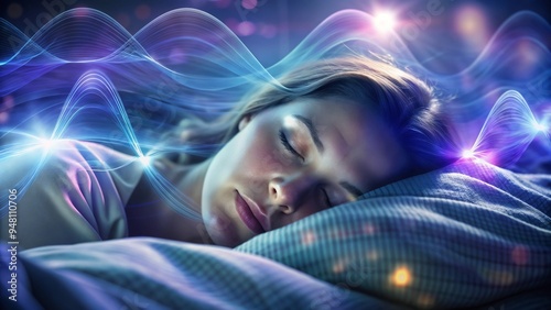 Peaceful woman sleeping with visual representation of circadian rhythms and waves in the background