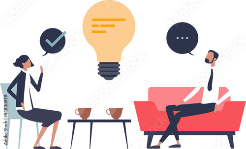 Two people in a discussion, lightbulb symbolizing idea exchange, highlighting effective communication.