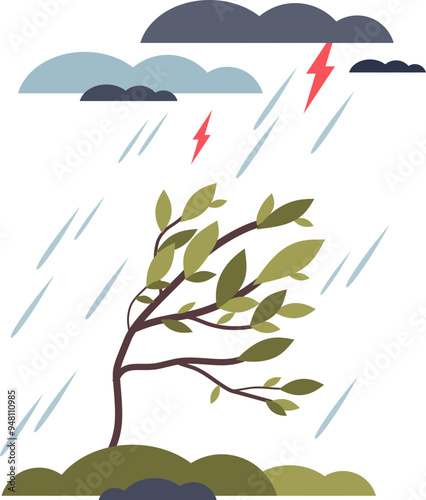 A tree bends in a storm with lightning, symbolizing fury and chaos.