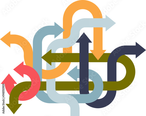 Intersecting arrows in various colors represent choices and confusion at a crossroads.