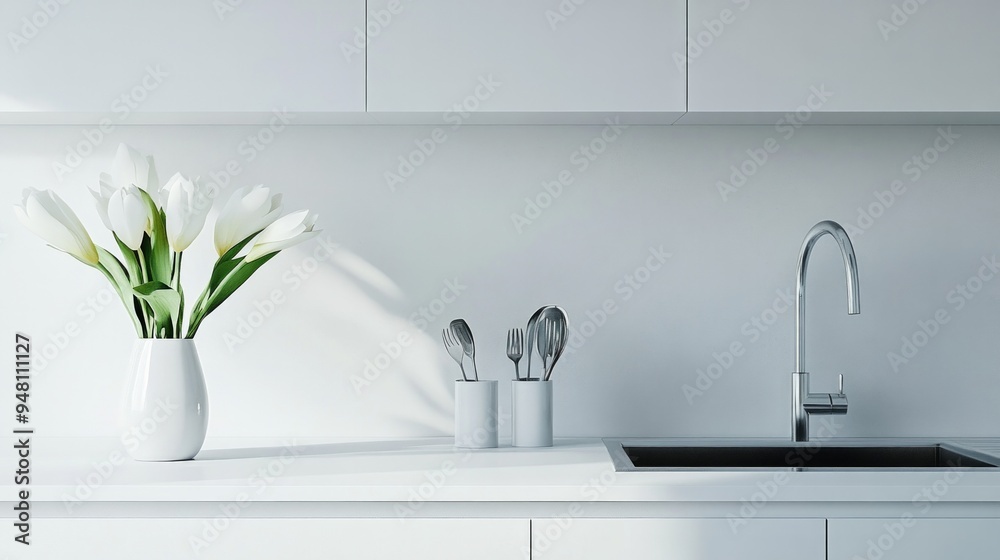 A white kitchen counter with a vase of white flowers and silverware A white kitchen counter with a vase of white flowers and silverware