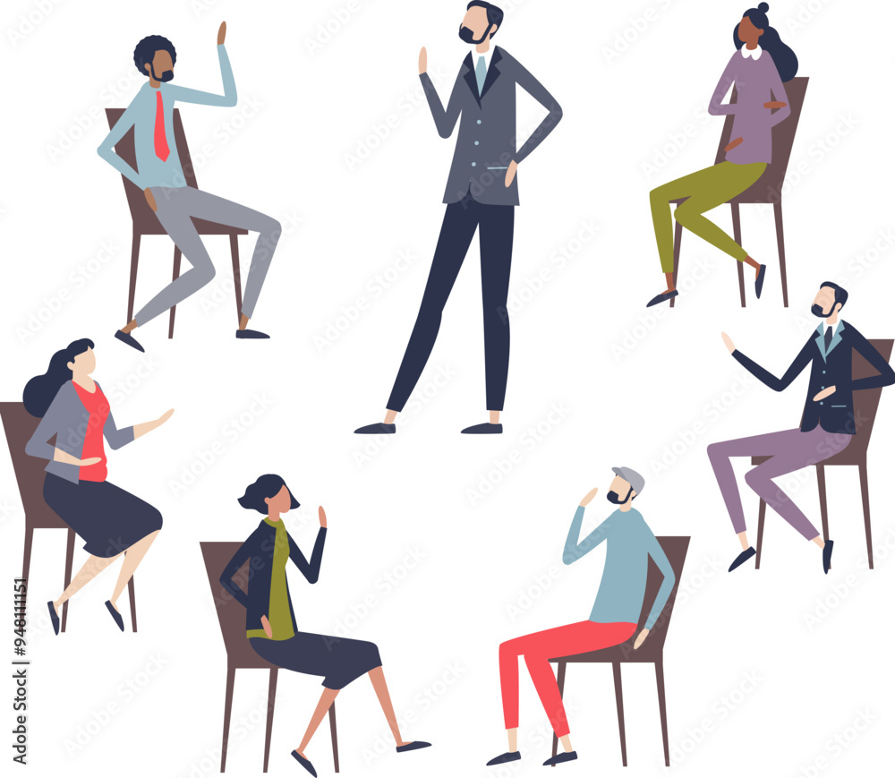 Animated figures in a seminar setting, engaging in discussion, symbolizing teamwork and communication. Animated figures in a seminar setting, engaging in discussion, symbolizing teamwork and communication.