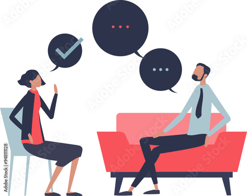 Coach and client in session, exchanging ideas with speech bubbles, symbolizing communication and guidance.