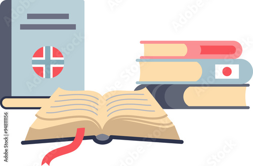 A colorful stack of books in various languages, symbolizing learning and cultural diversity.