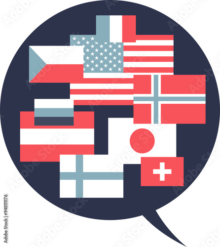 Speech bubble filled with various national flags, symbolizing multilingual communication or polyglot proficiency.