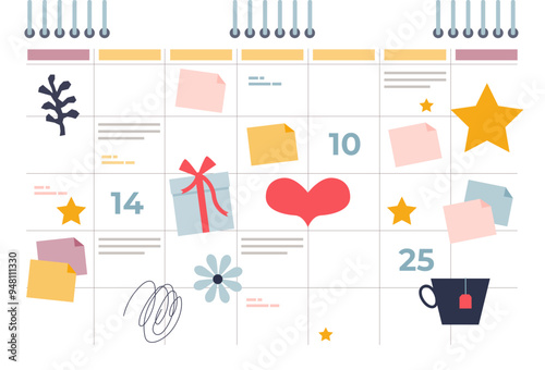 Colorful family planner with notes, gift, heart, and stars, symbolizing organized family activities and events.