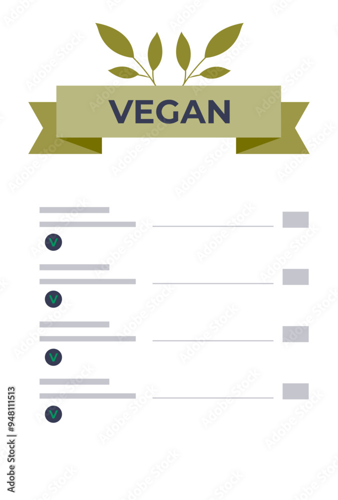 Blank vegan menu sign with green ribbon and leaves, space for plant-based dishes.