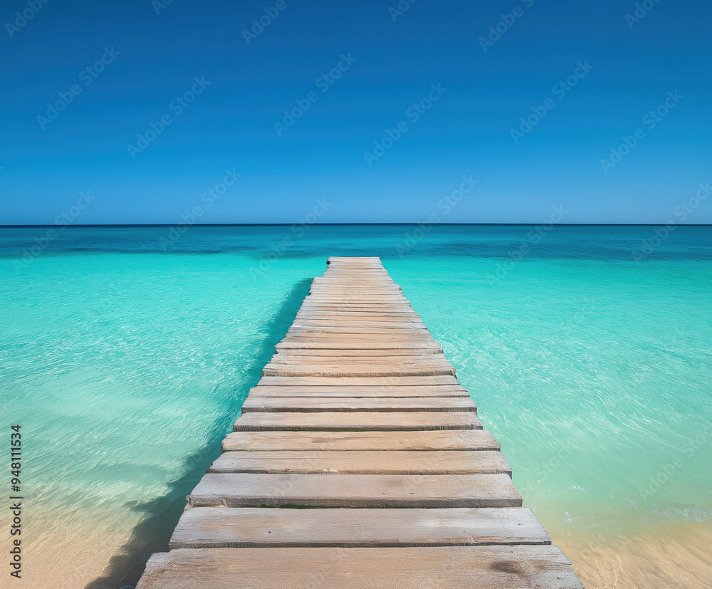 Obraz premium Tropical Paradise: Wooden Pier on Turquoise Beach, Crystal Clear Water and Blue Sky - Idyllic Summer Vacation Destination