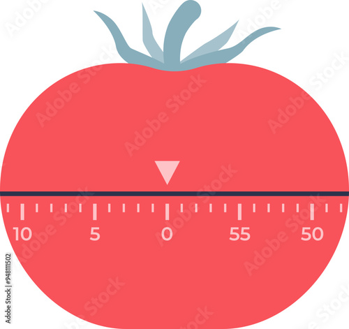 A tomato-shaped kitchen timer represents the Pomodoro Technique for productivity.