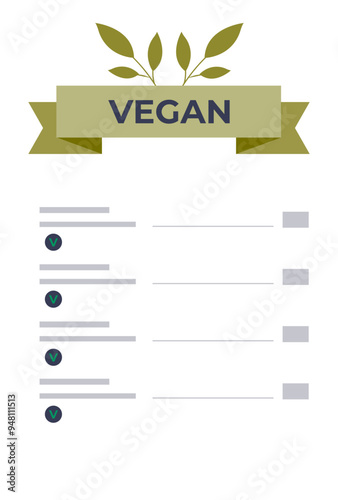 Blank vegan menu sign with green ribbon and leaves, space for plant-based dishes.