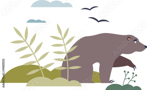 Illustration of a bear in a natural habitat with plants, birds, and clouds.