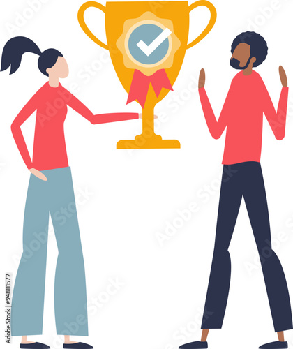 Two people with a golden trophy, symbolizing recognition and success at an award ceremony.