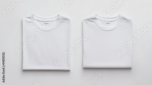 A white blank t-shirt folded neatly on a clean white background, showing front and back sides. Ai generated