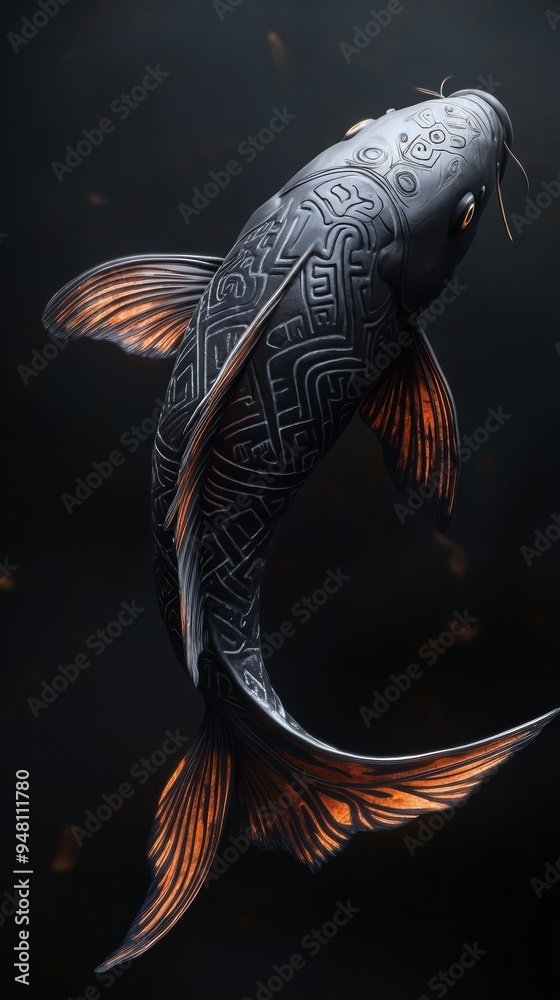 Inca Fish Runes This elegant black koi fish features captivating tribal Inca inspired ...