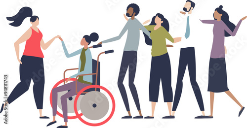 Group of diverse people supporting each other, including person in wheelchair.