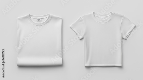 A white blank t-shirt folded neatly on a clean white background, showing front and back sides. Ai generated