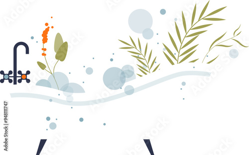 Illustration of a serene bathtub with plants, bubbles, and a running faucet, symbolizing relaxation and self-care.