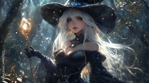 A woman with long blonde hair is holding a wand and wearing a black dress. She is standing in a forest with a dark background