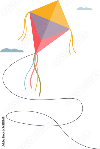 Colorful kite flying high with long tail and clear sky, symbolizing freedom and joy.