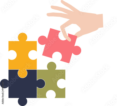 Hand placing final piece into a colorful jigsaw puzzle, symbolizing solution and completion.