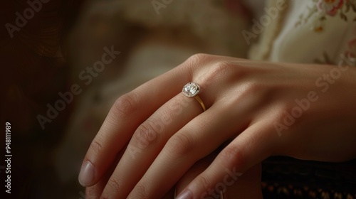 A woman is wearing a gold and diamond ring on her left hand