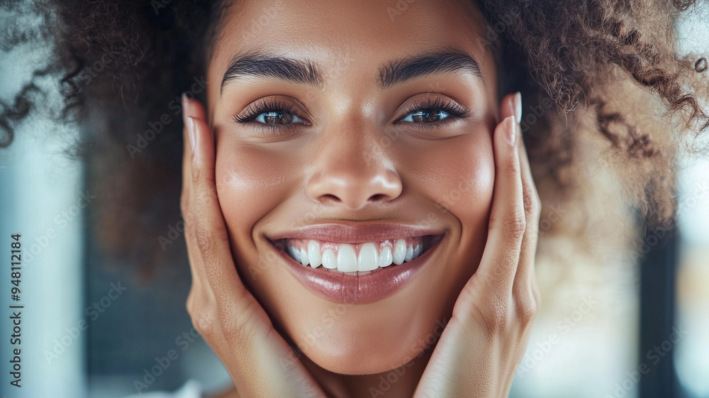 A woman with a radiant smile and perfect teeth, her hands gently placed on her cheeks, in a modern office environment. Ai generated A woman with a radiant smile and perfect teeth, her hands gently placed on her cheeks, in a modern office environment. Ai generated