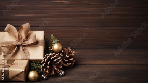 Festive Delights: Captivating Christmas Scene with Pine Cones and Gift Box on a Rustic Wooden Table