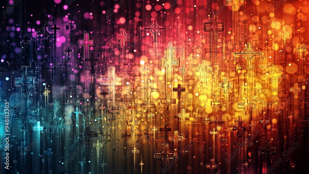 Digital Crosses. Vibrant cross shapes in various colors and sizes against a glowing abstract background with bokeh effects. Digital Crosses. Vibrant cross shapes in various colors and sizes against a glowing abstract background with bokeh effects.