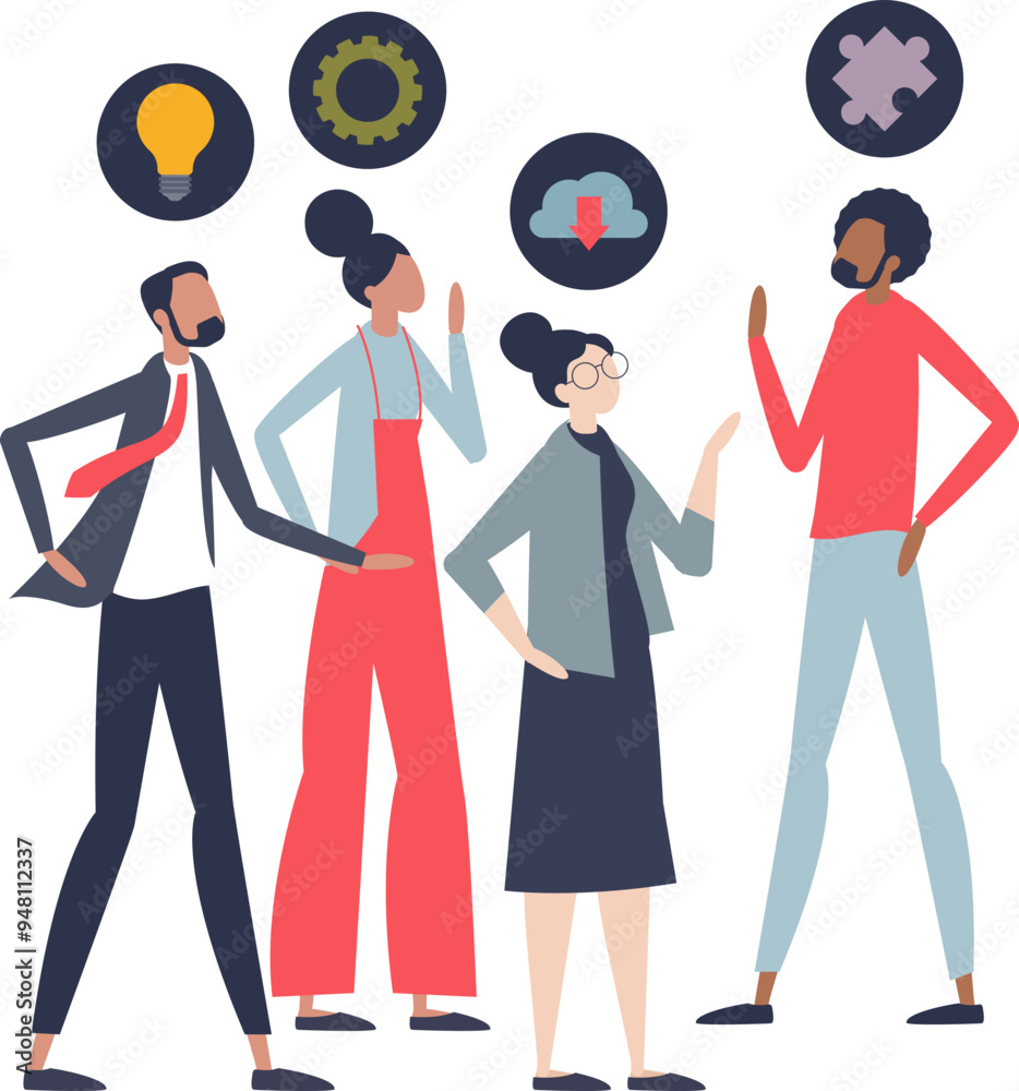 Diverse team with unique skills symbolized by icons above heads, representing collaboration and teamwork. Diverse team with unique skills symbolized by icons above heads, representing collaboration and teamwork.