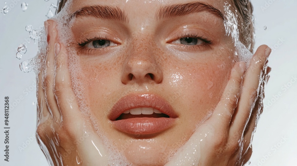 A woman is washing her face with water A woman is washing her face with water