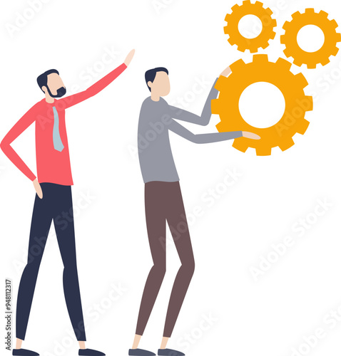 Two people collaborating with gears, symbolizing teamwork in apprenticeship.