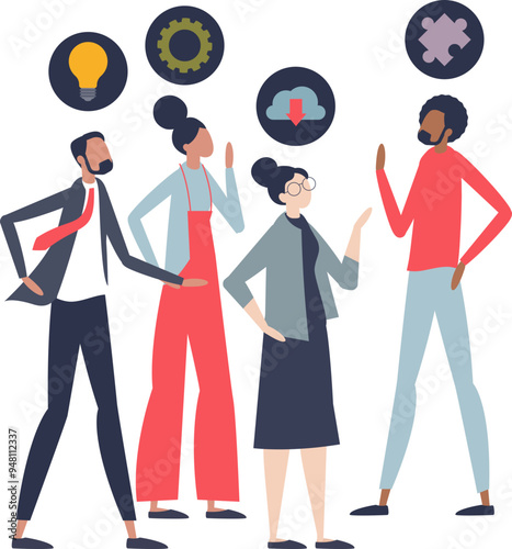 Diverse team with unique skills symbolized by icons above heads, representing collaboration and teamwork.