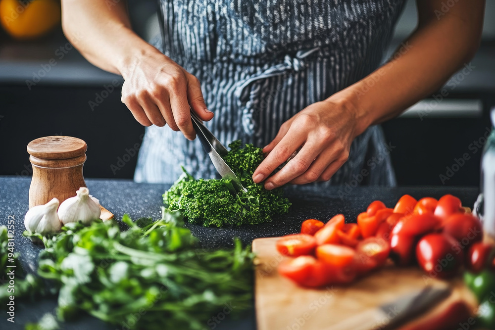 A bright kitchen where a person prepares a healthy meal, surrounded by fresh ingredients, symbolizing the connection between nutrition and mental health, promoting the importance of mindful eating A bright kitchen where a person prepares a healthy meal, surrounded by fresh ingredients, symbolizing the connection between nutrition and mental health, promoting the importance of mindful eating