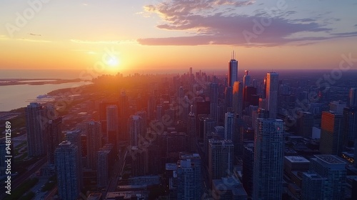 Wallpaper Mural Breathtaking aerial view of a modern city skyline during golden hour, with skyscrapers silhouetted against a vibrant sunset sky Torontodigital.ca